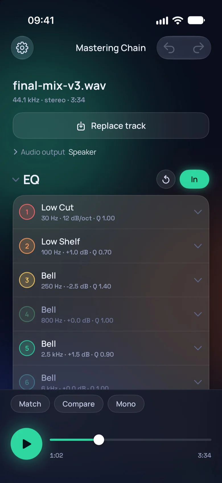 Mastering Chain on iPhone: a track loaded and the EQ open, in the Midnight theme