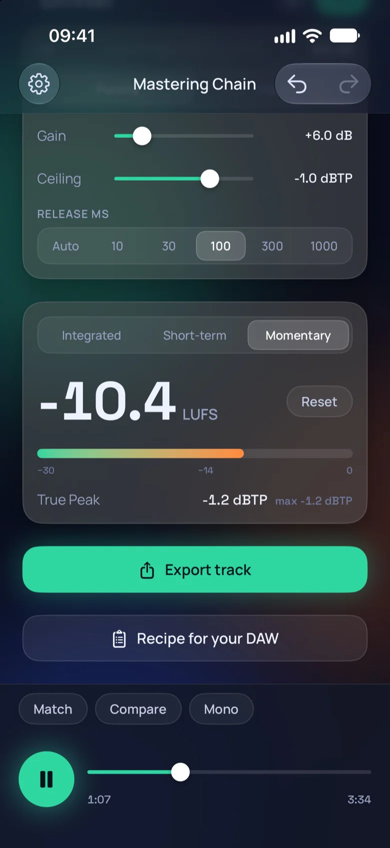 The loudness meter in Mastering Chain reading −10.4 LUFS while a track plays